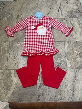 NWT Size 7 Classic Whimsy Red Gingham Santa Top & Red Leggings Set